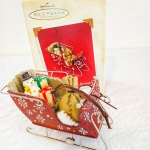 Hallmark Festive Red Sleigh Ornament with Snowman and Gifts